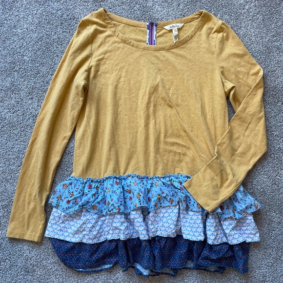 Matilda Jane Tops - Womens Mustard Matilda Jane Sleeve Top with Blue Ruffle Hem- Size Medium